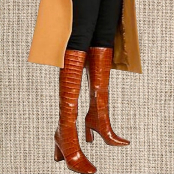 Sam Edelman Tan Croc-Embossed Heeled Boots - Picture 1 of 4